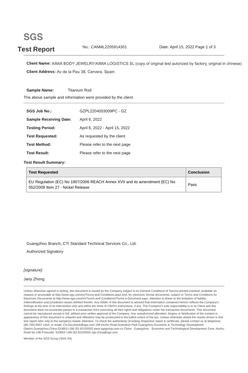 REACH Test Report — Nickel Release Titanium Rod