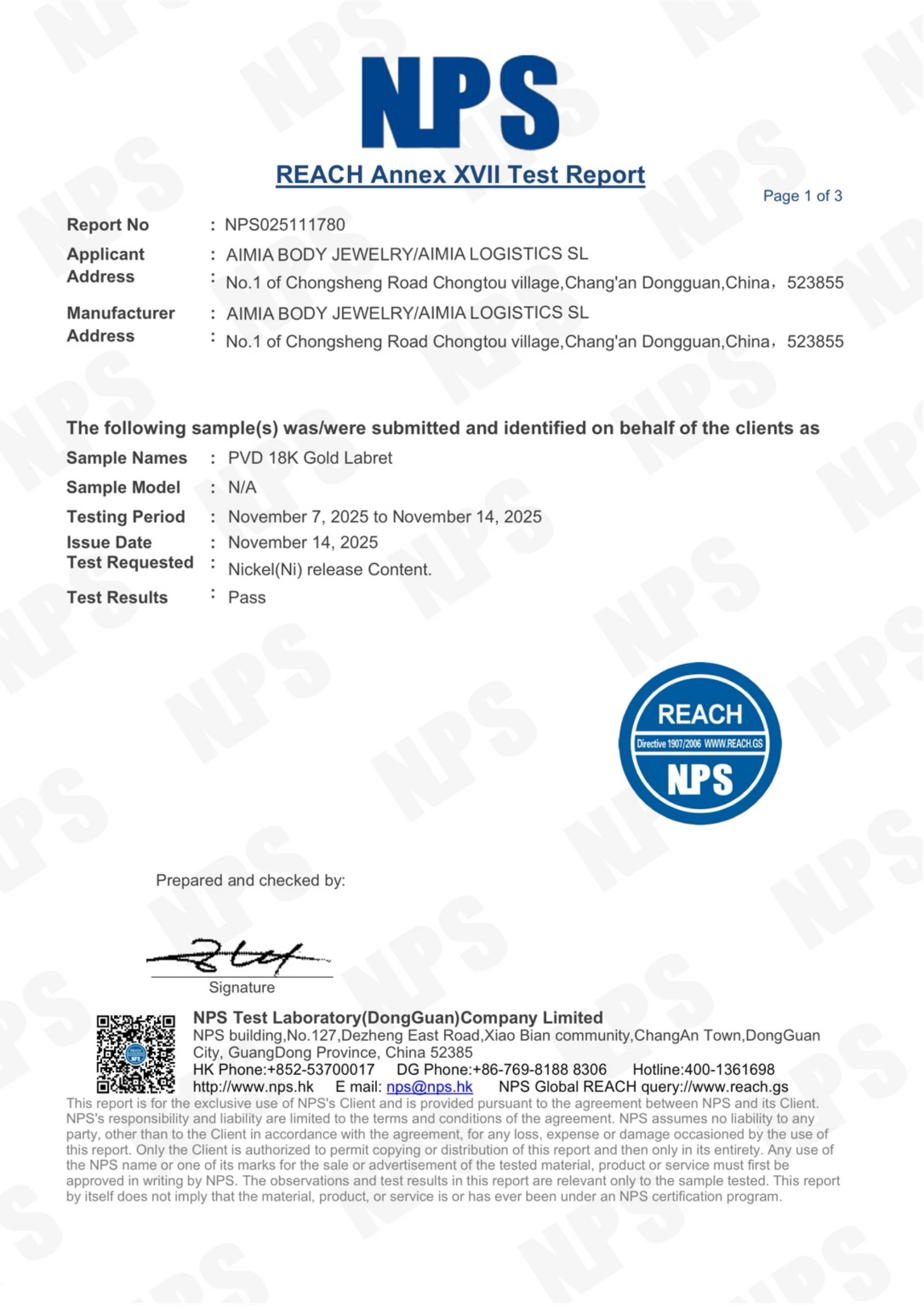 REACH Test Report — Nickel Release PVD 18K Gold